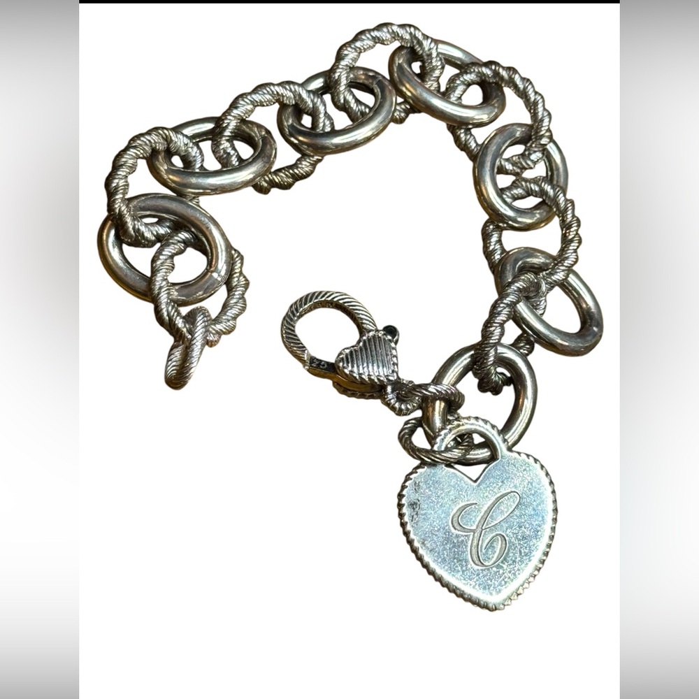 Judith Ripka Chain Bracelet Heart Charm Initial C Sterling Silver 925 CZ